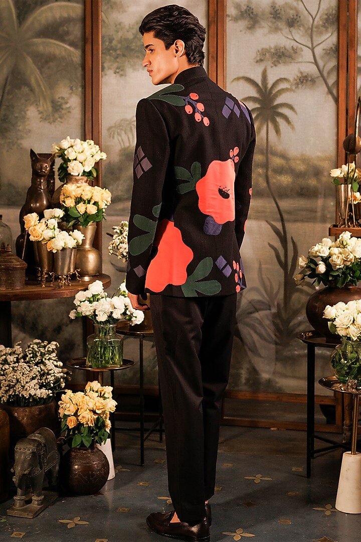 Black Matka Silk Applique Embroidered Groom Bandhgala Set by Sahil Kochhar Men at Pernia's Pop Up Shop
