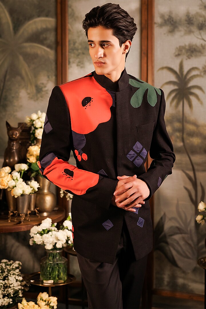 Black Matka Silk Applique Embroidered Groom Bandhgala Set by Sahil Kochhar Men at Pernia's Pop Up Shop