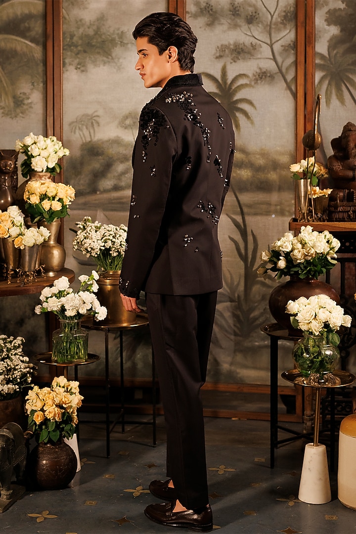 Black Suiting Applique Embroidered Tuxedo Set by Sahil Kochhar Men at Pernia's Pop Up Shop