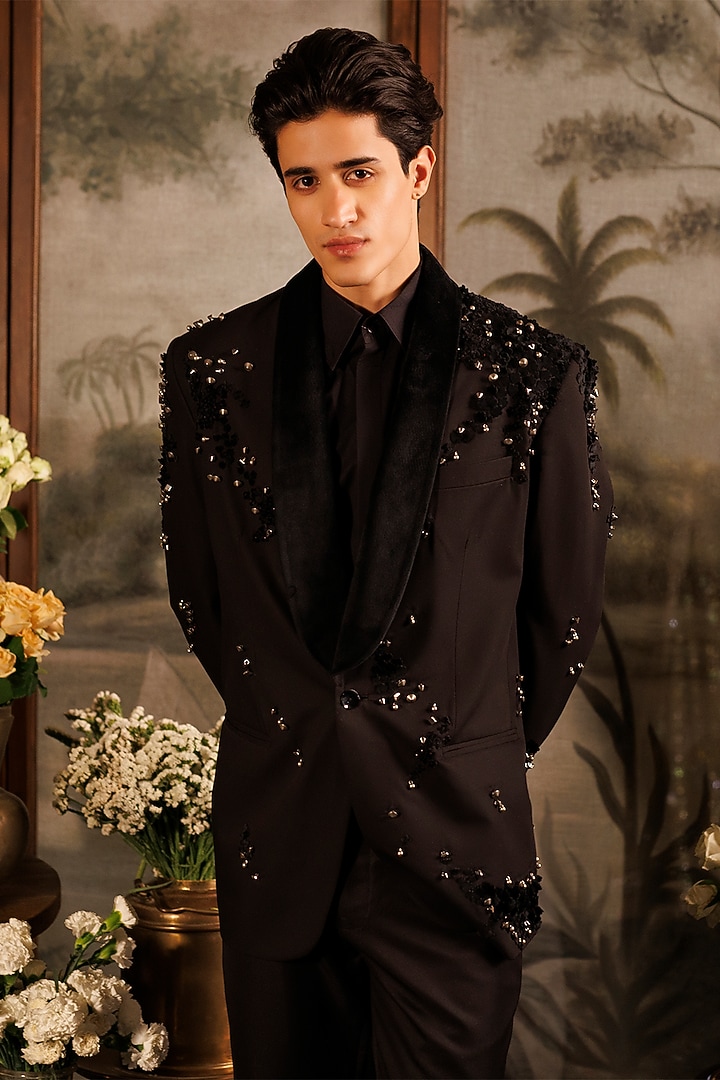 Black Suiting Applique Embroidered Tuxedo Set by Sahil Kochhar Men at Pernia's Pop Up Shop