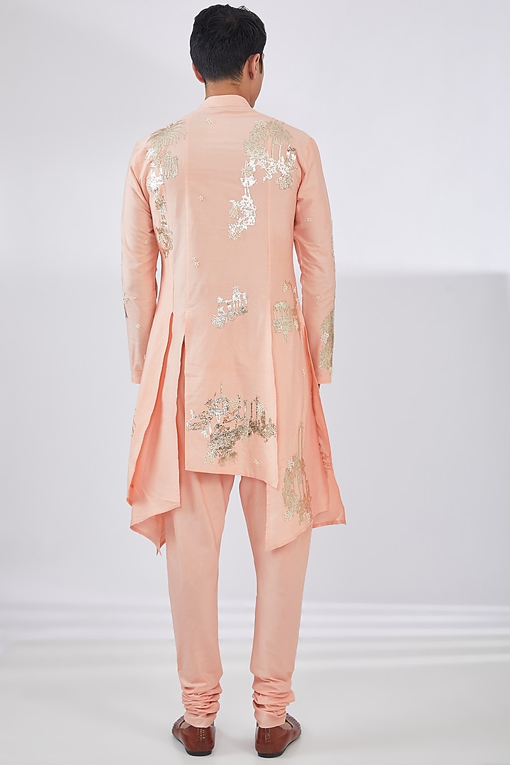 Peach Katan Gold Foil Patchwork Kurta Set by Sahil Kochhar Men at Pernia's Pop Up Shop