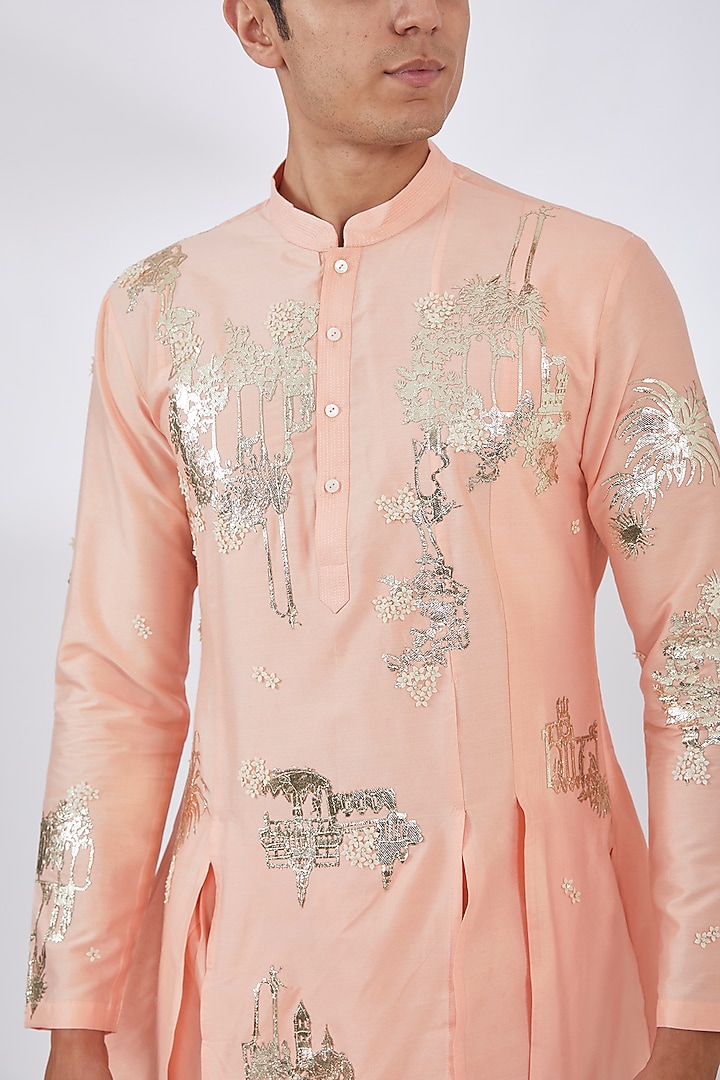 Peach Katan Gold Foil Patchwork Kurta Set by Sahil Kochhar Men at Pernia's Pop Up Shop