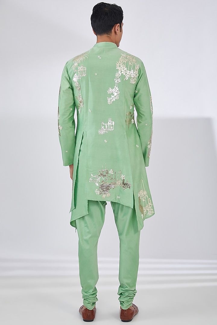 Sage Green Katan Gold Foil Patchwork Kurta Set by Sahil Kochhar Men at Pernia's Pop Up Shop