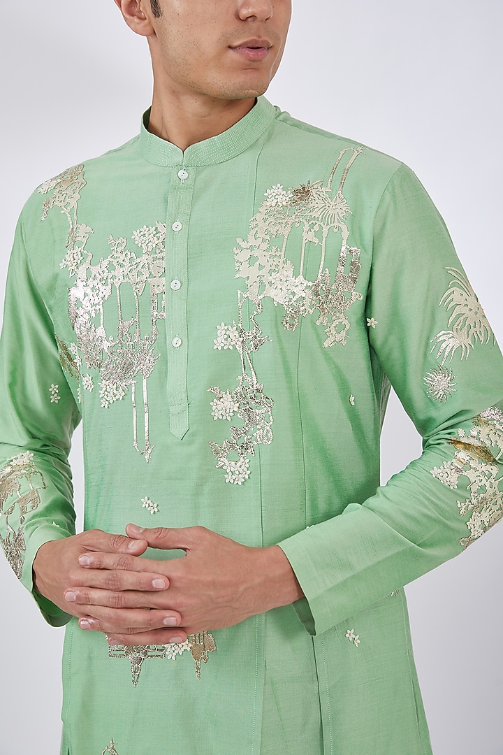 Sage Green Katan Gold Foil Patchwork Kurta Set by Sahil Kochhar Men at Pernia's Pop Up Shop