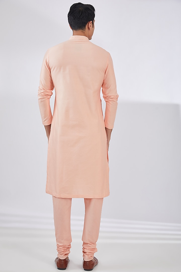 Peach Katan Hand & Machine Embroidered Kurta Set by Sahil Kochhar Men at Pernia's Pop Up Shop