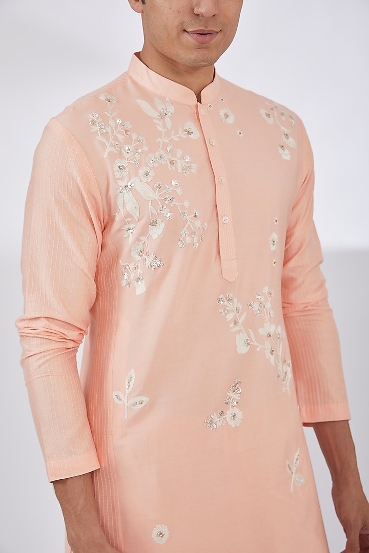 Peach Katan Hand & Machine Embroidered Kurta Set by Sahil Kochhar Men at Pernia's Pop Up Shop