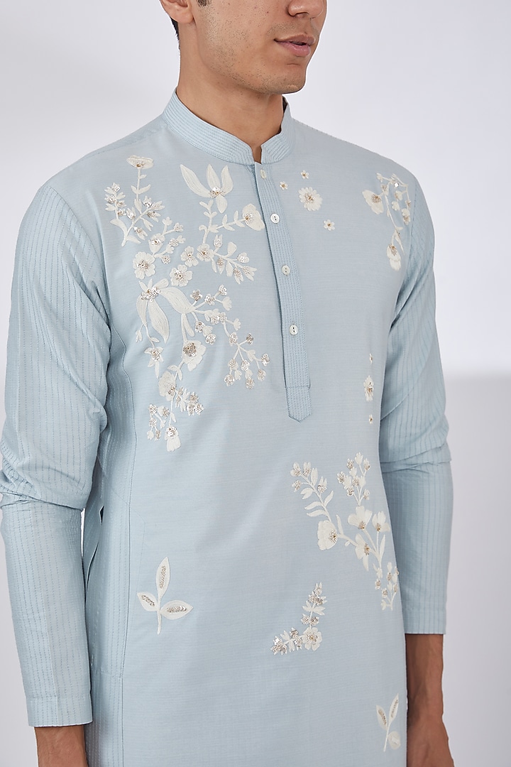 Powder Blue Katan Hand & Machine Embroidered Kurta Set by Sahil Kochhar Men at Pernia's Pop Up Shop