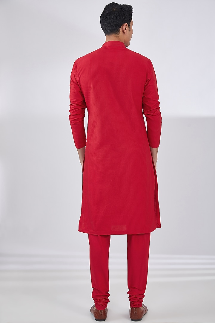 Red Katan Applique Embroidered Kurta Set by Sahil Kochhar Men at Pernia's Pop Up Shop