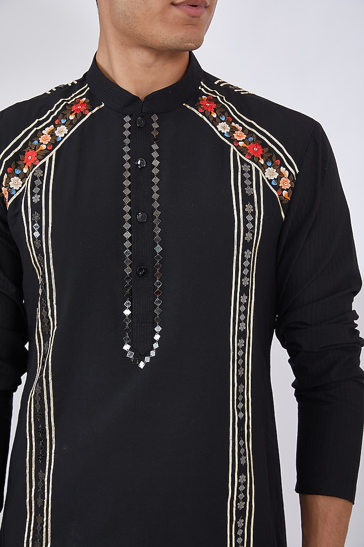 Black Katan Embroidered Kurta Set by Sahil Kochhar Men at Pernia's Pop Up Shop