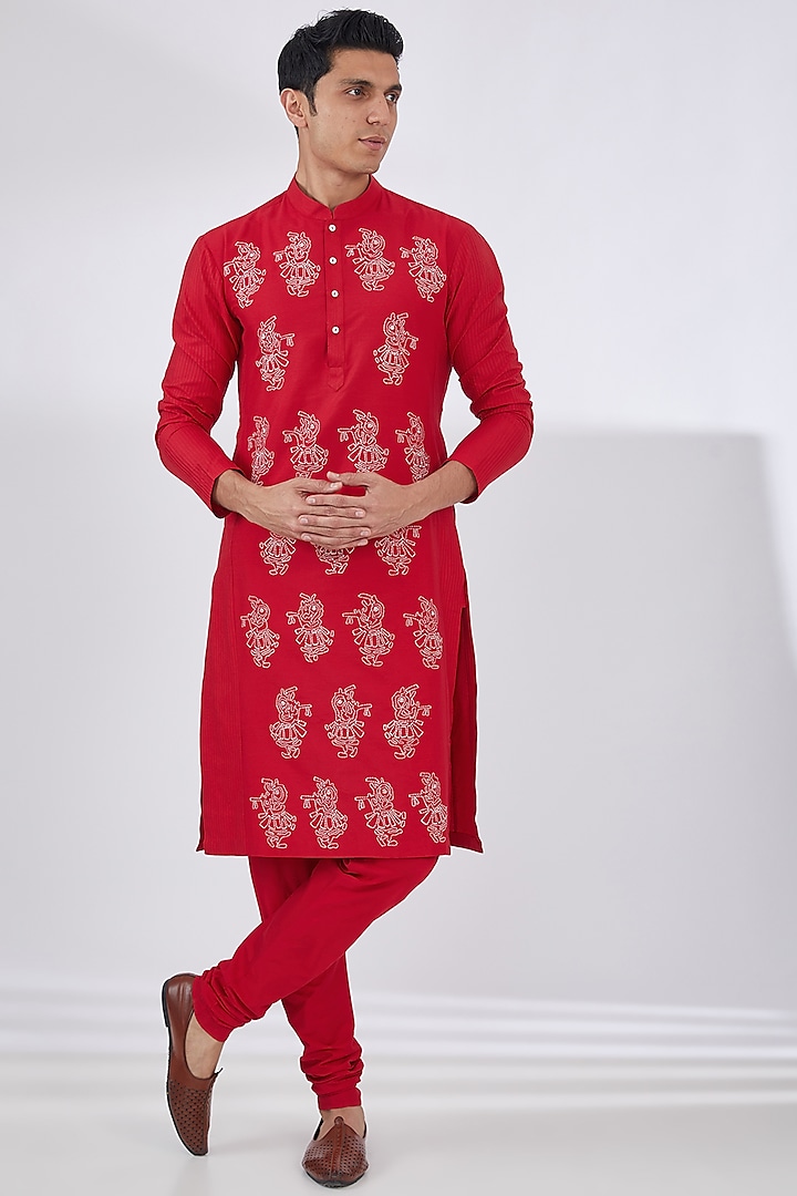 Red Katan Thread Embroidered Kurta Set by Sahil Kochhar Men
