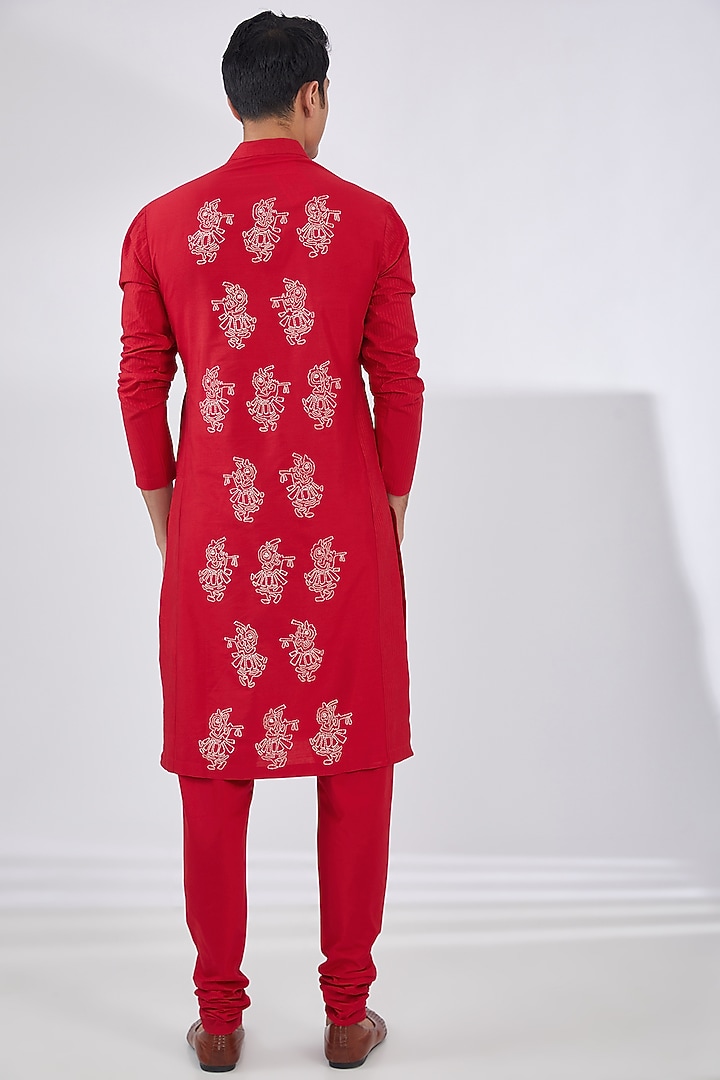 Red Katan Thread Embroidered Kurta Set by Sahil Kochhar Men at Pernia's Pop Up Shop