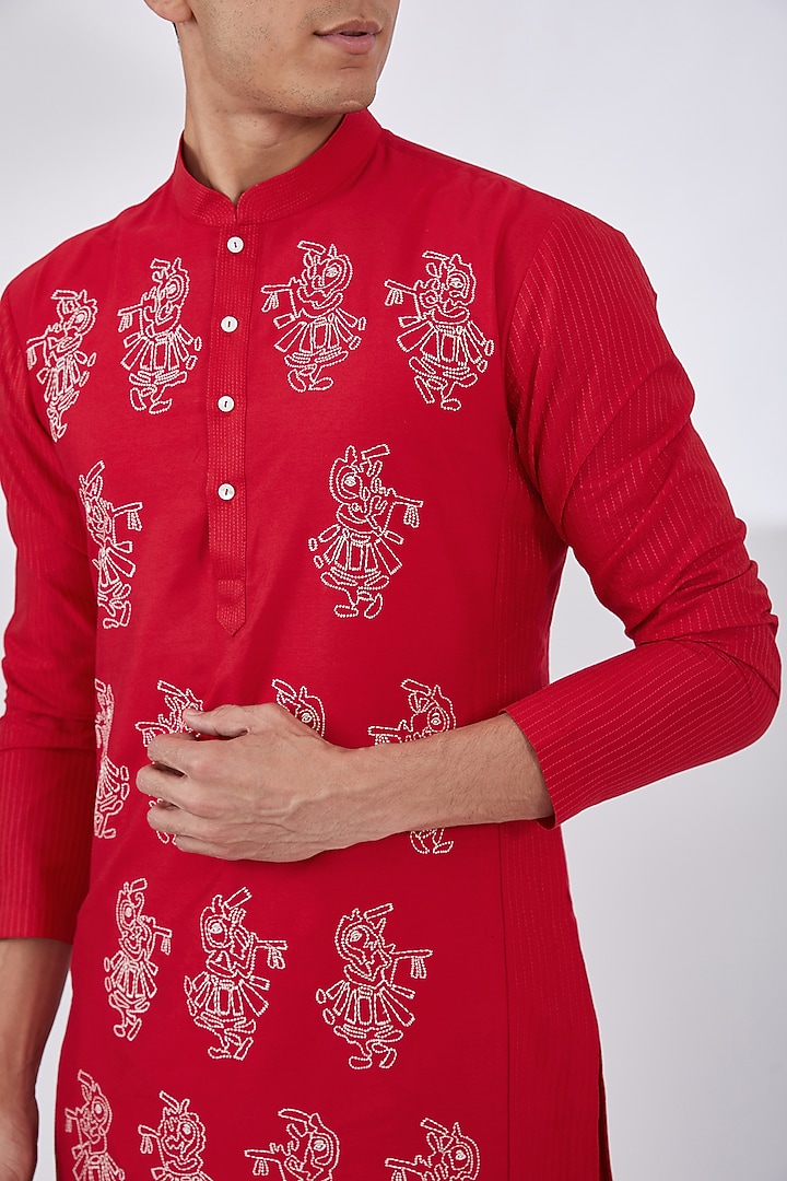 Red Katan Thread Embroidered Kurta Set by Sahil Kochhar Men at Pernia's Pop Up Shop