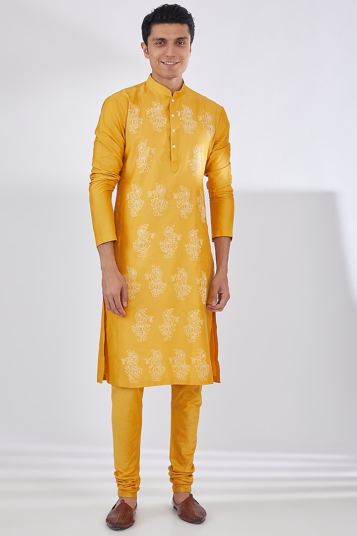 Mustard Katan Thread Embroidered Kurta Set by Sahil Kochhar Men