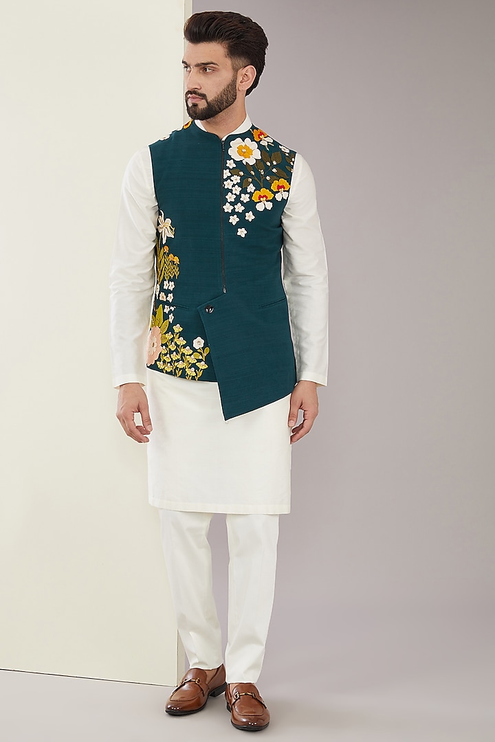 Teal Silk Applique & Sequins Embroidered Bundi Jacket by Sahil Kochhar Men