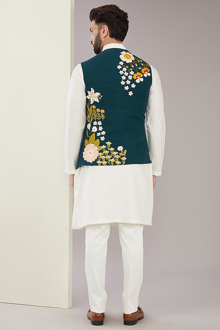 Teal Silk Applique & Sequins Embroidered Bundi Jacket by Sahil Kochhar Men at Pernia's Pop Up Shop