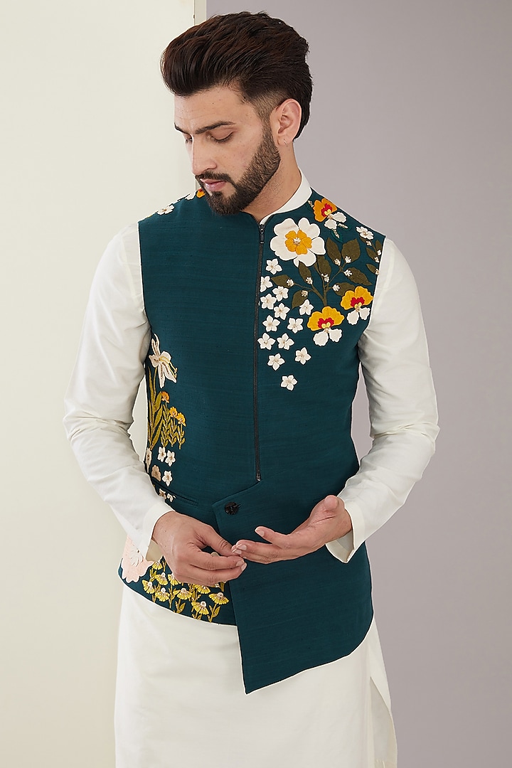 Teal Silk Applique & Sequins Embroidered Bundi Jacket by Sahil Kochhar Men at Pernia's Pop Up Shop