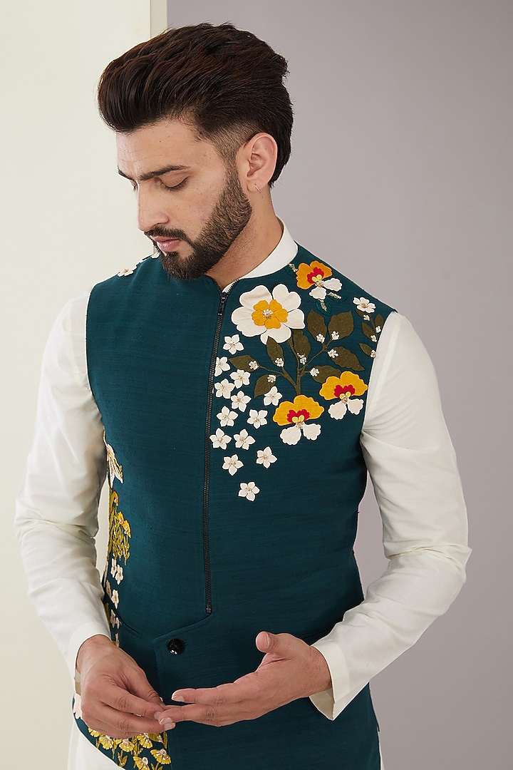 Teal Silk Applique & Sequins Embroidered Bundi Jacket by Sahil Kochhar Men at Pernia's Pop Up Shop