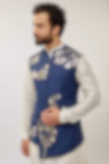 Navy Blue Silk Foil Applique Embroidered Bundi Jacket by Sahil Kochhar Men