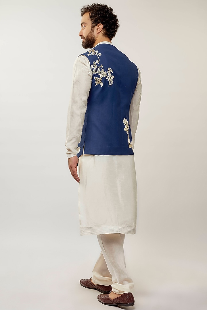 Navy Blue Silk Foil Applique Embroidered Bundi Jacket by Sahil Kochhar Men at Pernia's Pop Up Shop