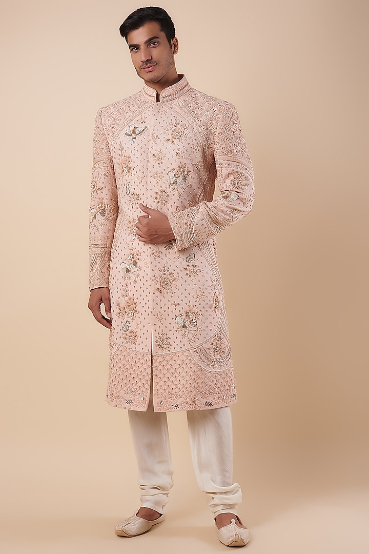 Pink Matka Silk Sequins & Zardosi Embroidered Sherwani by Sahil Kochhar Men