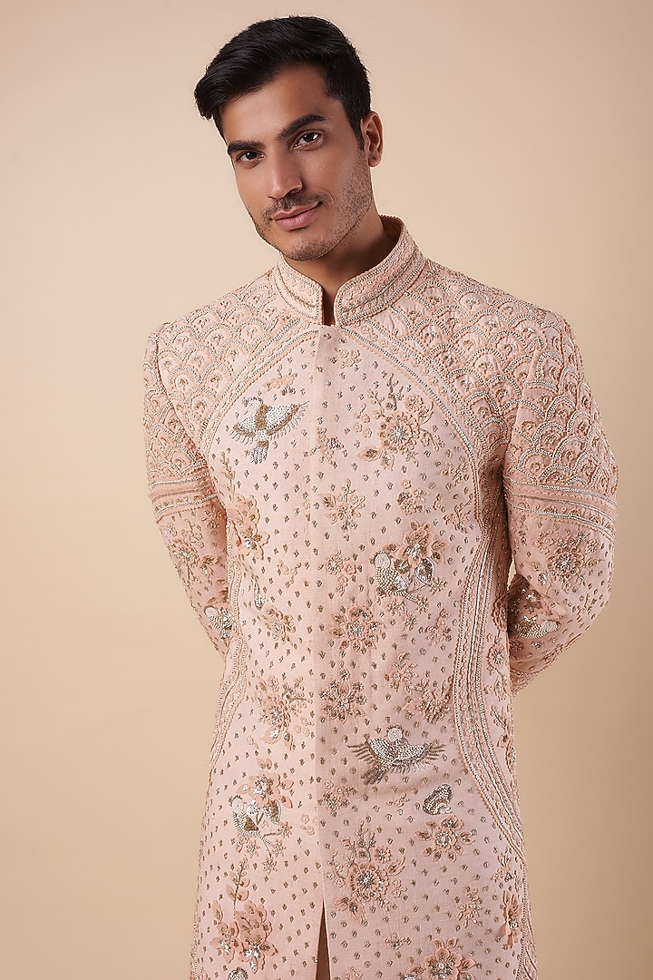 Pink Matka Silk Sequins & Zardosi Embroidered Groom Sherwani by Sahil Kochhar Men at Pernia's Pop Up Shop