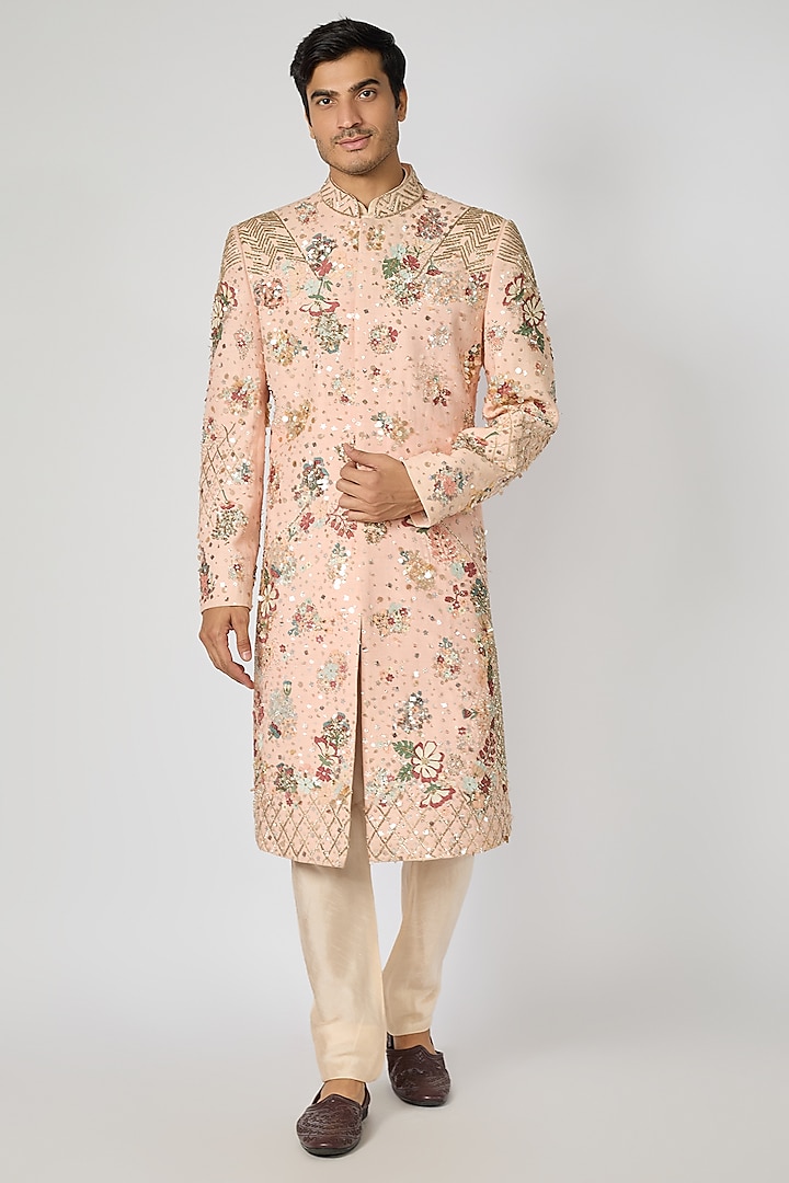 Pink Matka Silk Applique Embroidered Sherwani by Sahil Kochhar Men