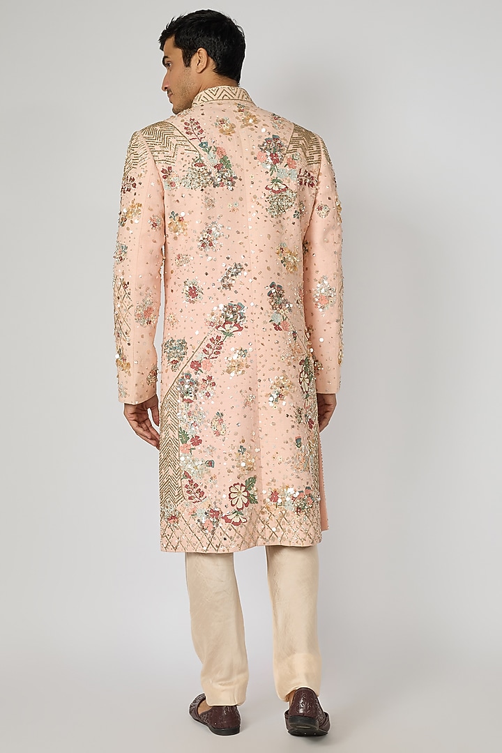 Pink Matka Silk Applique Embroidered Groom Sherwani by Sahil Kochhar Men at Pernia's Pop Up Shop