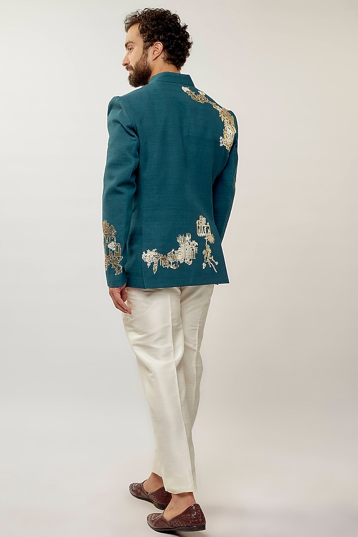 Teal Silk Foil Applique Embroidered Groom Bandhgala by Sahil Kochhar Men at Pernia's Pop Up Shop