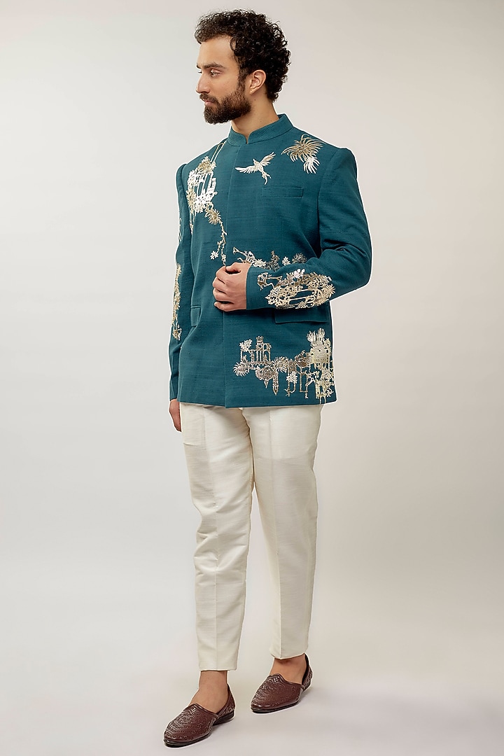 Teal Silk Foil Applique Embroidered Groom Bandhgala by Sahil Kochhar Men at Pernia's Pop Up Shop