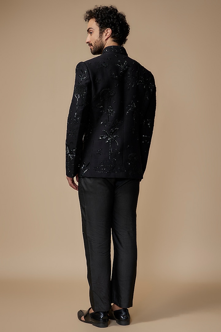 Black Matka Silk Embroidered Groom Bandhgala Jacket by Sahil Kochhar Men at Pernia's Pop Up Shop