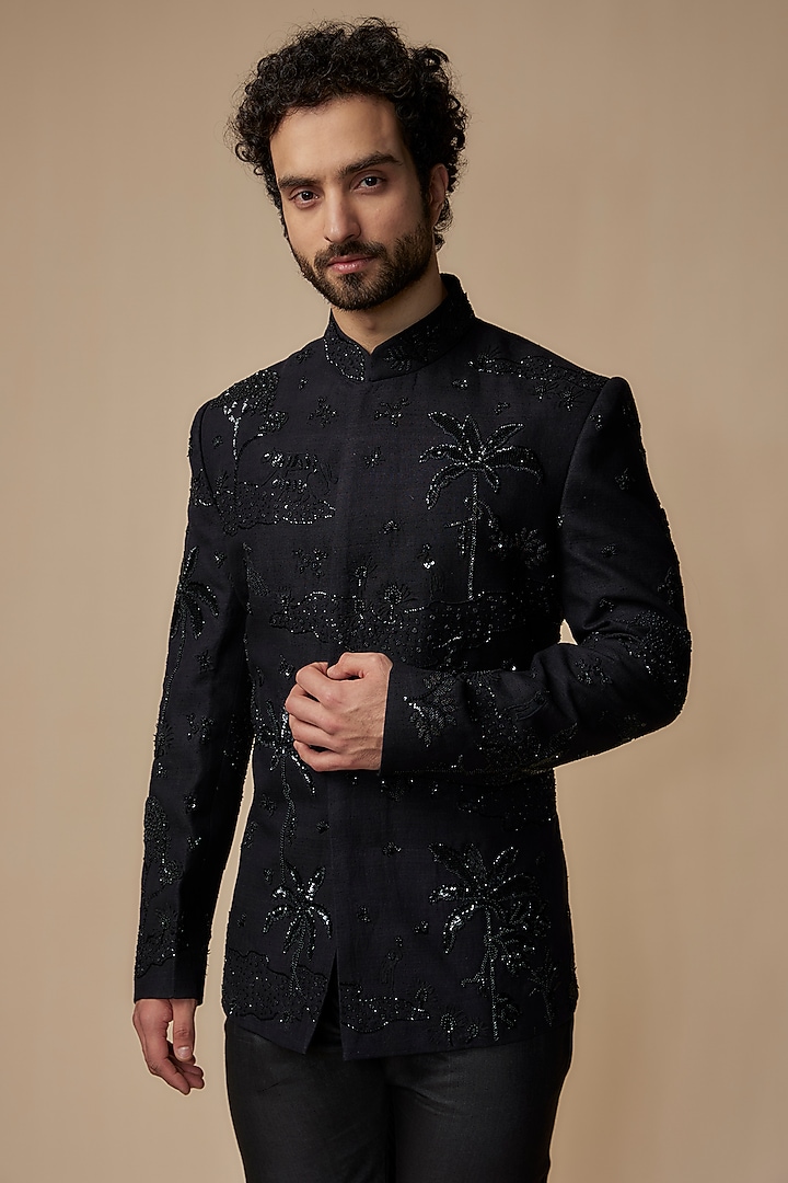 Black Matka Silk Embroidered Groom Bandhgala Jacket by Sahil Kochhar Men at Pernia's Pop Up Shop