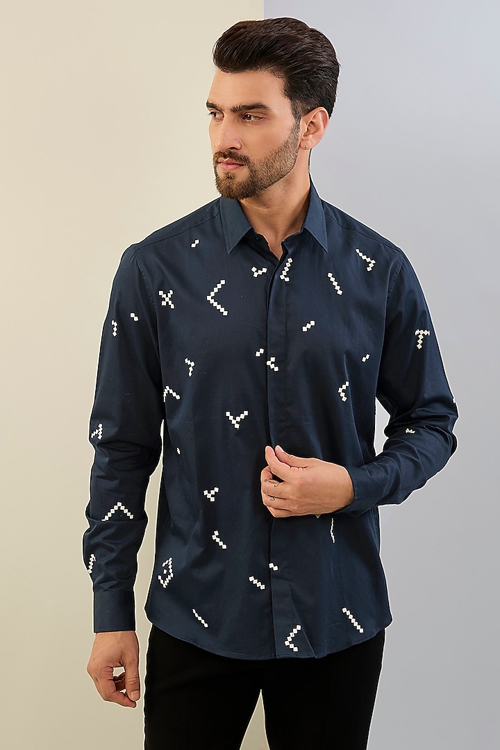 Blue Cotton Satin Machine Embroidered Shirt by Sahil Kochhar Men at Pernia's Pop Up Shop