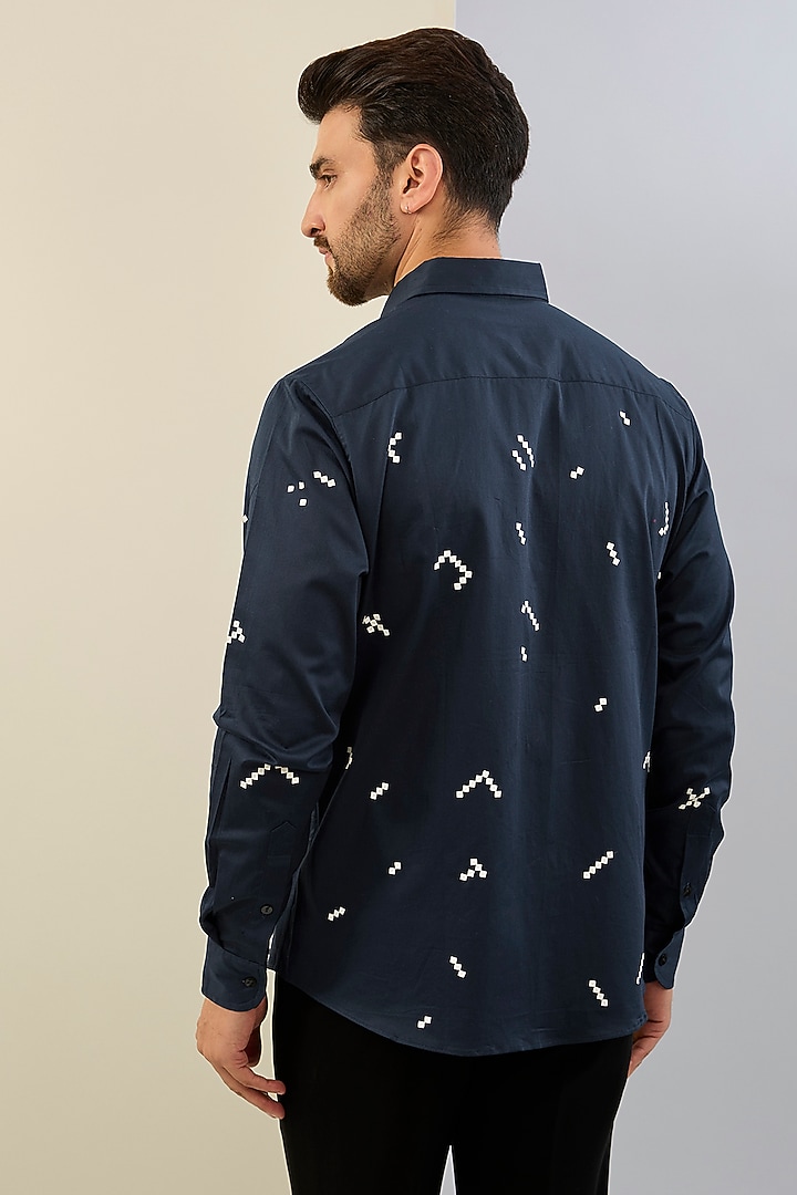 Blue Cotton Satin Machine Embroidered Party Wear Shirt by Sahil Kochhar Men at Pernia's Pop Up Shop