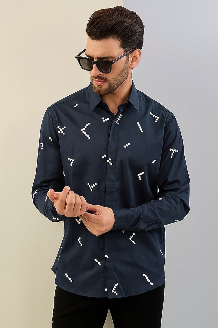 Blue Cotton Satin Machine Embroidered Party Wear Shirt by Sahil Kochhar Men at Pernia's Pop Up Shop