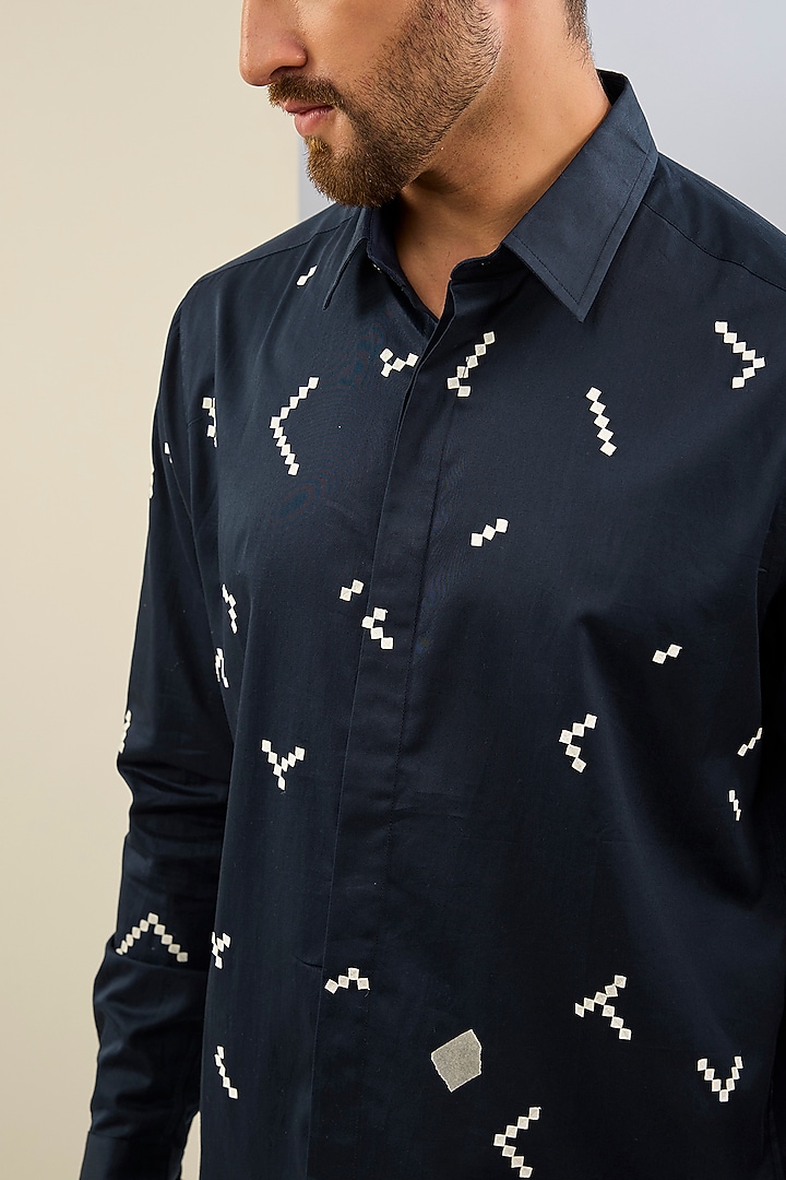Blue Cotton Satin Machine Embroidered Party Wear Shirt by Sahil Kochhar Men at Pernia's Pop Up Shop