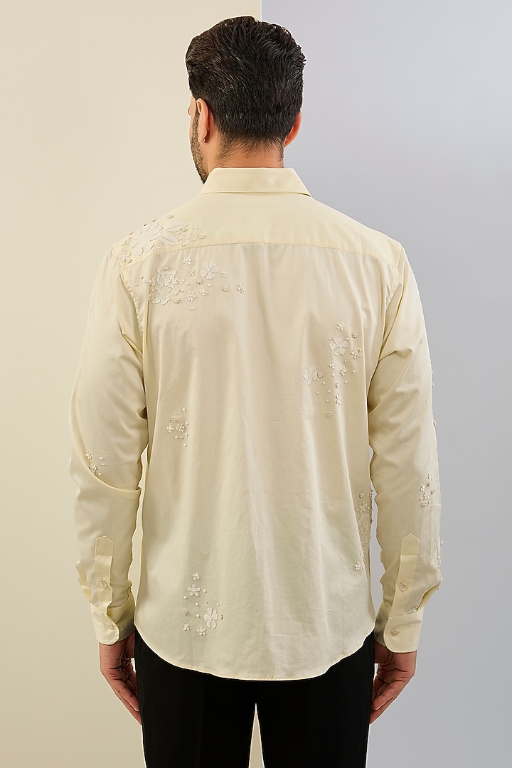 Yellow Cotton Satin Hand & Machine Embroidered Wedding Shirt by Sahil Kochhar Men at Pernia's Pop Up Shop