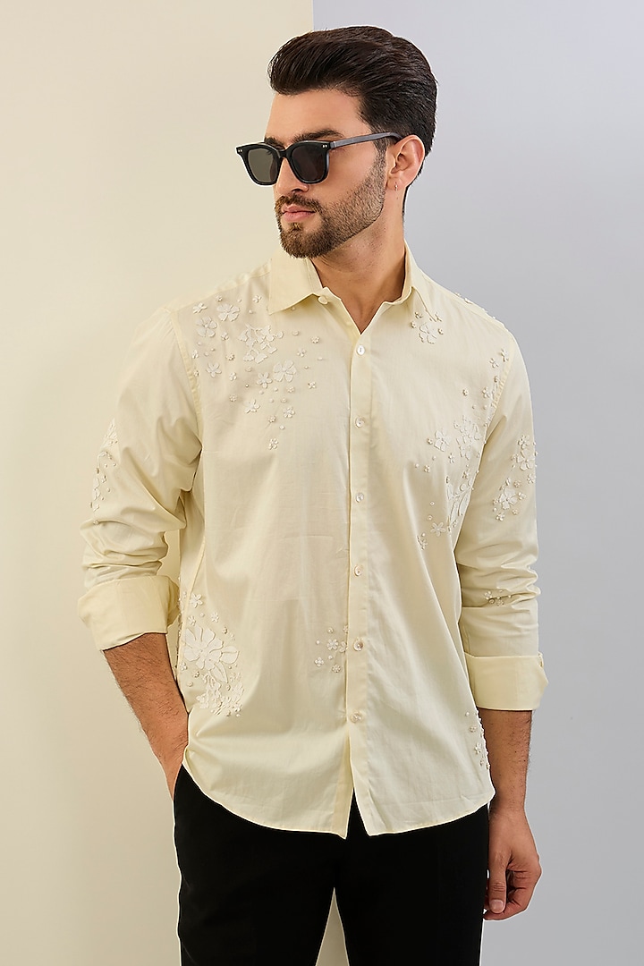 Yellow Cotton Satin Hand & Machine Embroidered Wedding Shirt by Sahil Kochhar Men at Pernia's Pop Up Shop