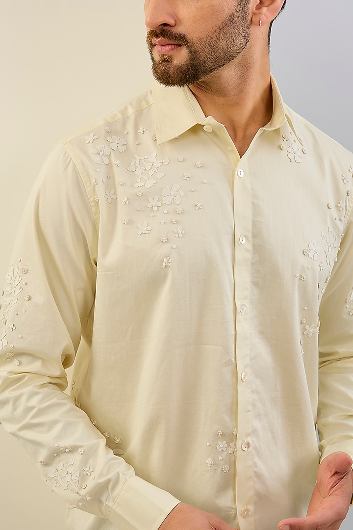 Yellow Cotton Satin Hand & Machine Embroidered Wedding Shirt by Sahil Kochhar Men at Pernia's Pop Up Shop