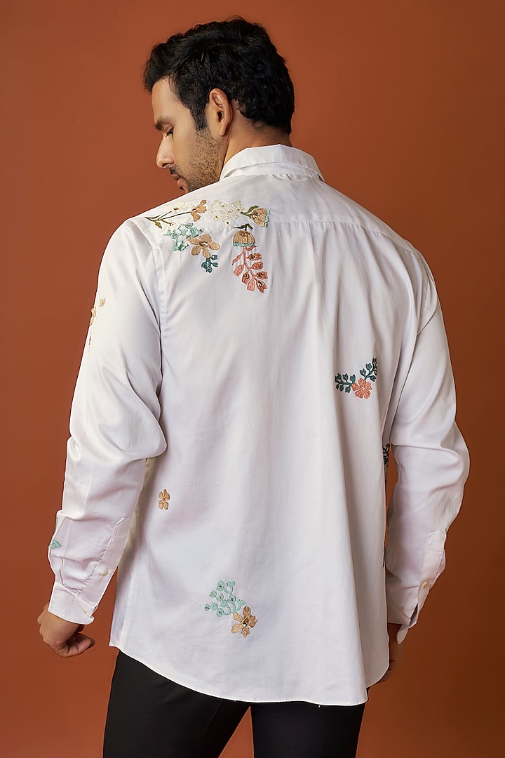 White Cotton Satin Hand Embroidered Wedding Shirt by Sahil Kochhar Men at Pernia's Pop Up Shop