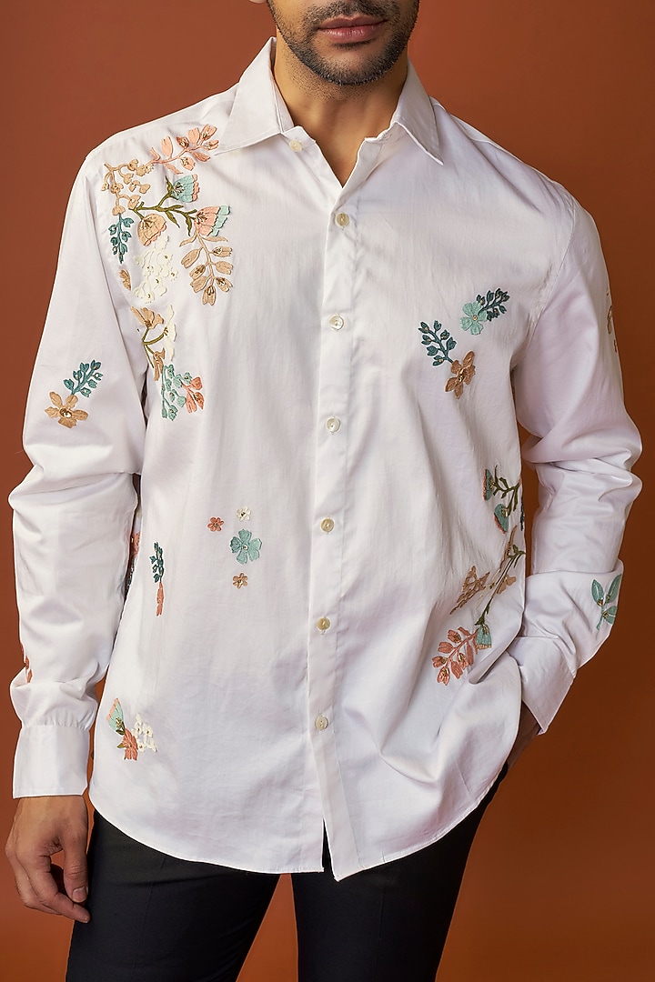 White Cotton Satin Hand Embroidered Wedding Shirt by Sahil Kochhar Men at Pernia's Pop Up Shop