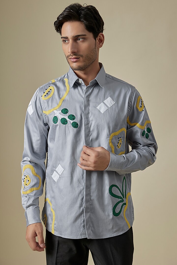 Grey Cotton Satin Embroidered Shirt by Sahil Kochhar Men at Pernia's Pop Up Shop