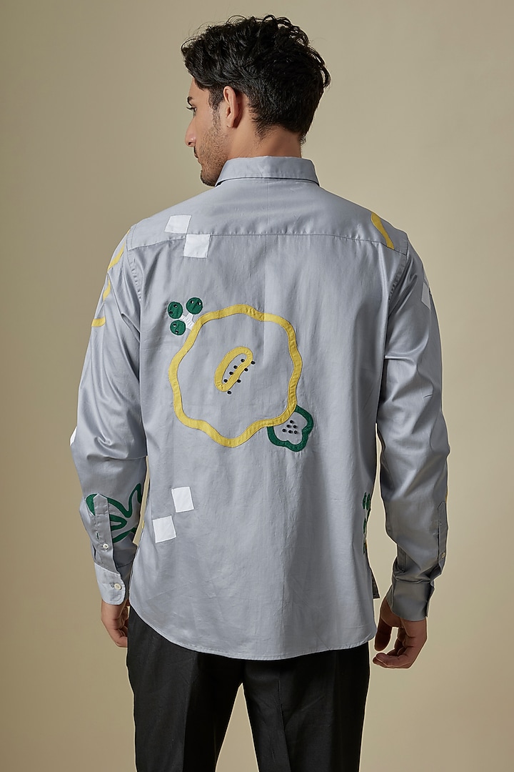 Grey Cotton Satin Embroidered Shirt by Sahil Kochhar Men at Pernia's Pop Up Shop