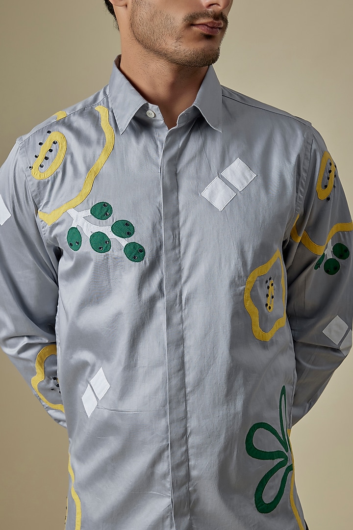Grey Cotton Satin Embroidered Shirt by Sahil Kochhar Men at Pernia's Pop Up Shop