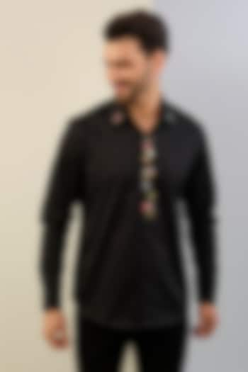 Black Cotton Satin Hand Embroidered Shirt by Sahil Kochhar Men