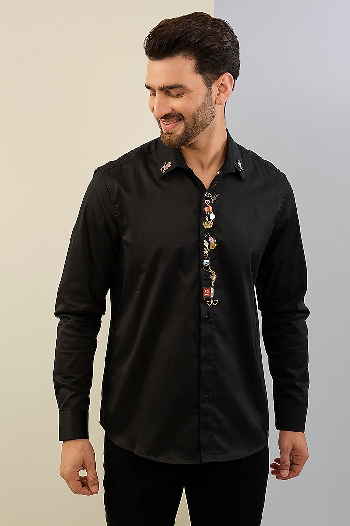 Black Cotton Satin Hand Embroidered Shirt by Sahil Kochhar Men