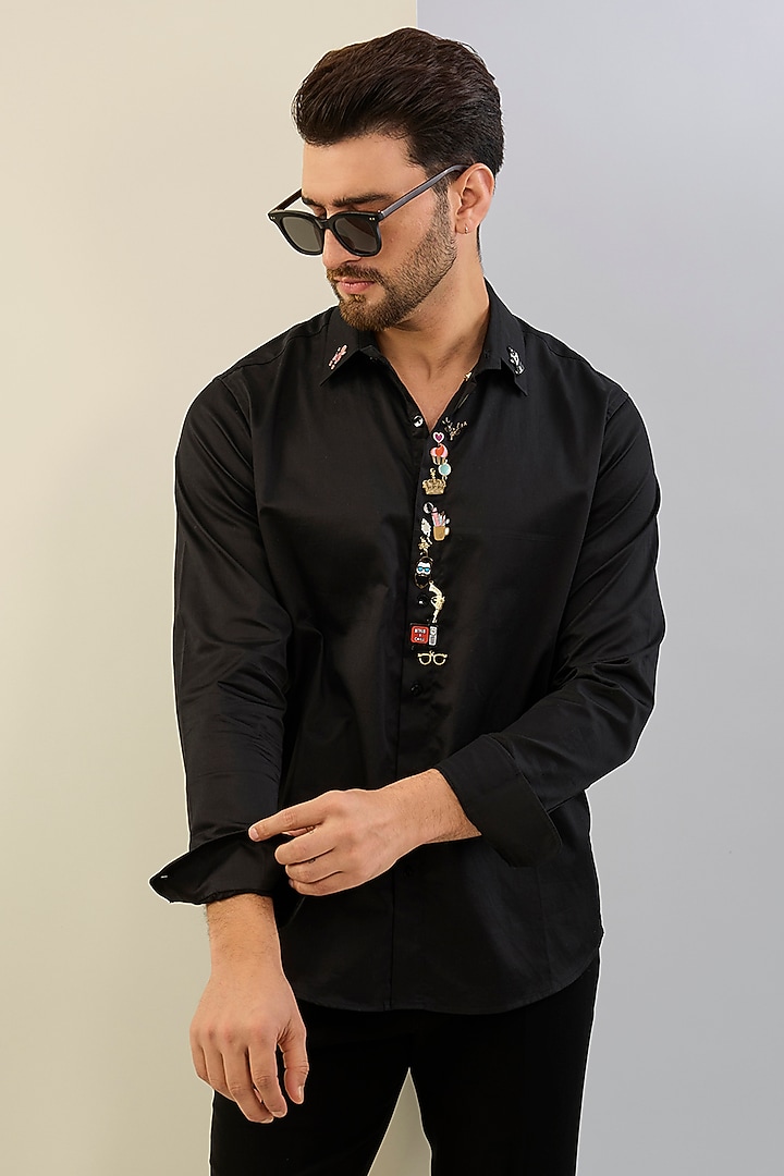 Black Cotton Satin Hand Embroidered Wedding Shirt by Sahil Kochhar Men at Pernia's Pop Up Shop