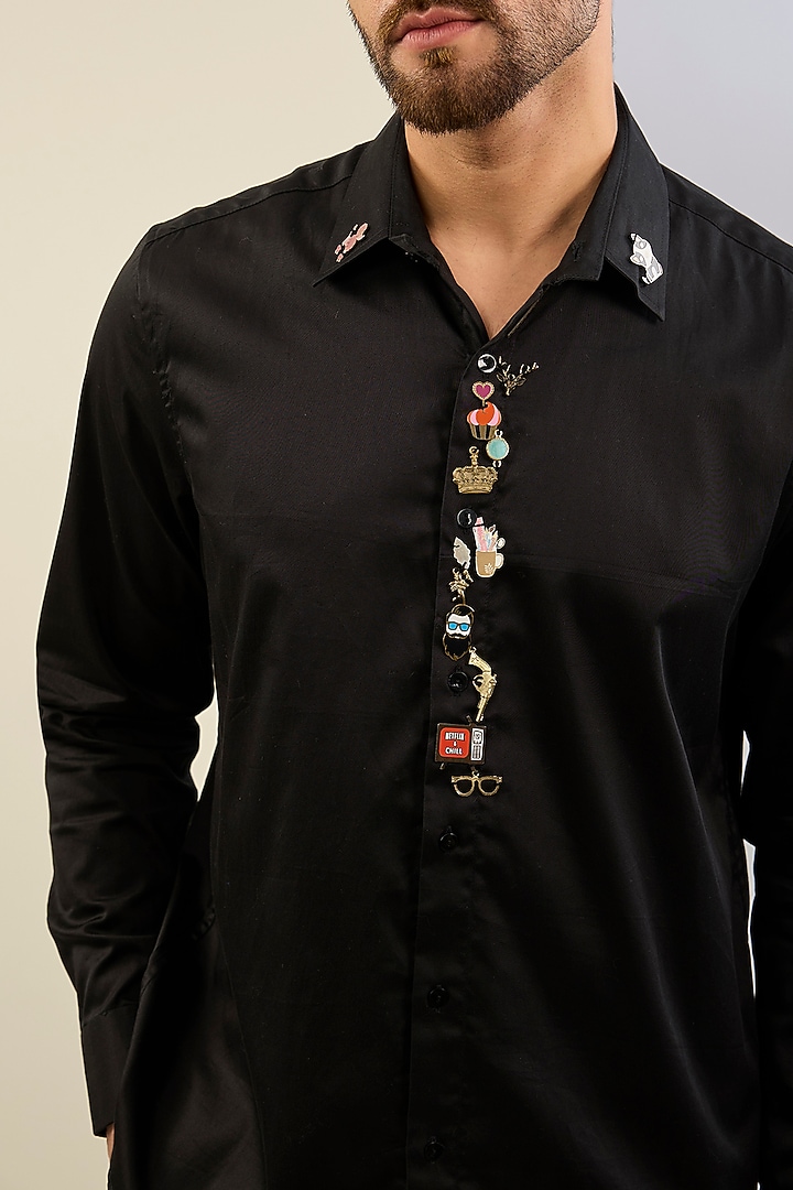 Black Cotton Satin Hand Embroidered Wedding Shirt by Sahil Kochhar Men at Pernia's Pop Up Shop