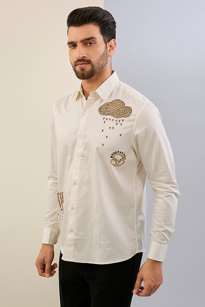 Ivory Cotton Satin Hand Embroidered Shirt by Sahil Kochhar Men at Pernia's Pop Up Shop