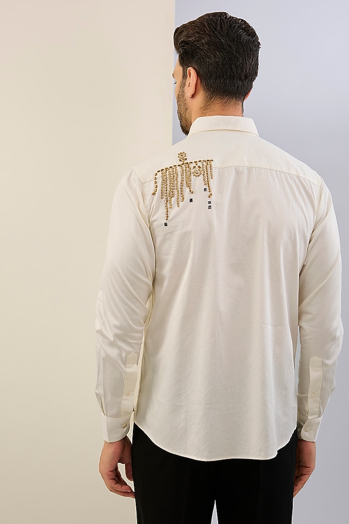 Ivory Cotton Satin Hand Embroidered Wedding Shirt by Sahil Kochhar Men at Pernia's Pop Up Shop