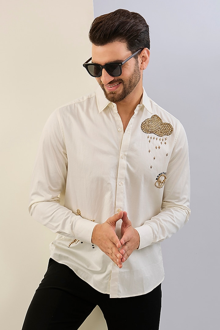 Ivory Cotton Satin Hand Embroidered Wedding Shirt by Sahil Kochhar Men at Pernia's Pop Up Shop